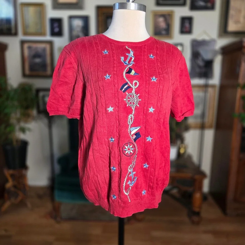 Vintage 90s Alfred Dunner Red Nautical‎ Embroidered Short Sleeve Knit Tee Blouse